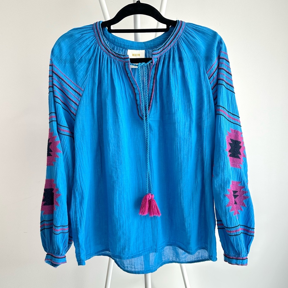 Maeve Vibrant Blue Blouse with Pink Embroidered Accents